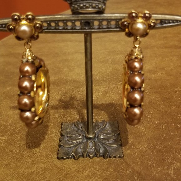 VINTAGE STATEMENT JOSE & MARIA BARRERA PEARL CRYSTAL DROP CHANDELIER EARRINGS - Picture 2 of 11